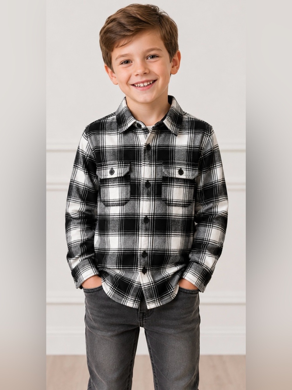 NWT Denim and Flower Boys Black and White Plaid  Button Down Shirt